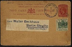 GRENADA 1925 GV 1d postcard uprated, used to Germany.......................19072