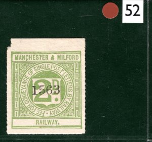 GB Wales M&MR RAILWAY 2d Letter Stamp MANCHESTER & MILFORD (1891) Mint MNG BRW52