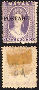 Natal SG83 6d Violet Wmk CC Opt POSTAGE (Davis) Mint no gum Cat 85 pounds