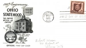 SCOTT 1018 OHIO STATEHOOD ON FLEETWOOD CACHET FDC PENCIL ADDRESS 1953