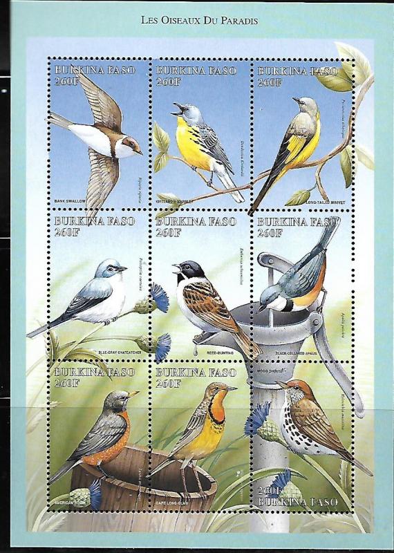 BURKINA FASO  1104-1105 MNH BIRDS SHEET OF 9 STAMPS, 1998