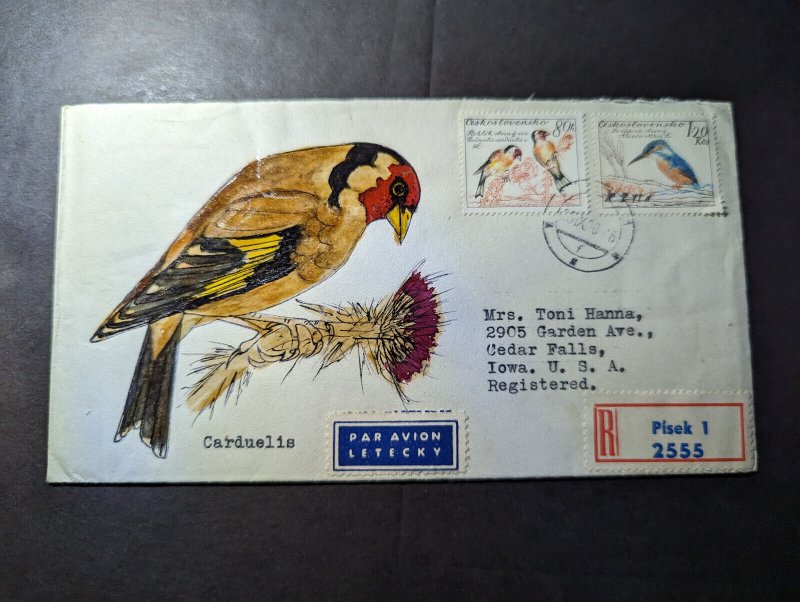 1960 Registered Czechoslovakia Hand Painted Airmail Cover Pisek to IA USA