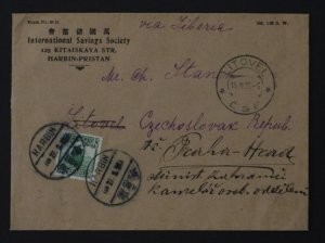 1928 harbin China Cover to Litovel Czechoslovakia International Savings Society