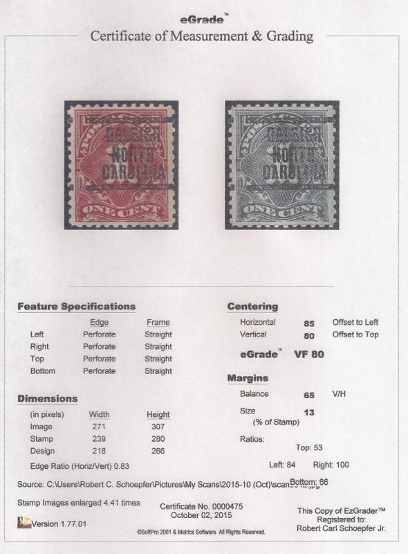 J61 1 cent CR Precancel Stamp Mint OG NH EGRADED VF 80