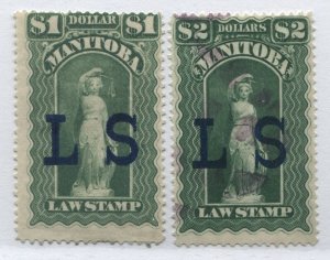 Manitoba 1877 Law stamps $1 and $2 used