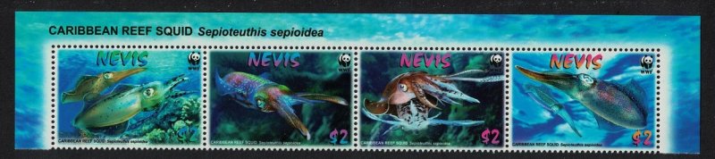 Nevis WWF Caribbean Reef Squid Strip of 4v Latin Name 2009 MNH SC#2380-2383