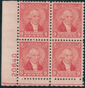 Sc# 714 U.S 1932 Washington Bicentennial 9¢ plate block 20640 MNH CV $45.00