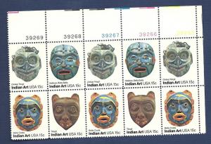 1834-37 15c Indian Art Masks Plate Block (10) VF/MNH/OG 