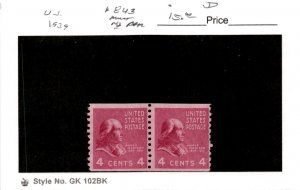 United States Postage Stamp, #843 Mint NH Pair, 1939 Madison (AD)