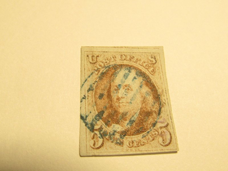 US Stamps Scott #1 Used 1847, Alan Miller Certificate, Blue Grid Cancel, SCV 475