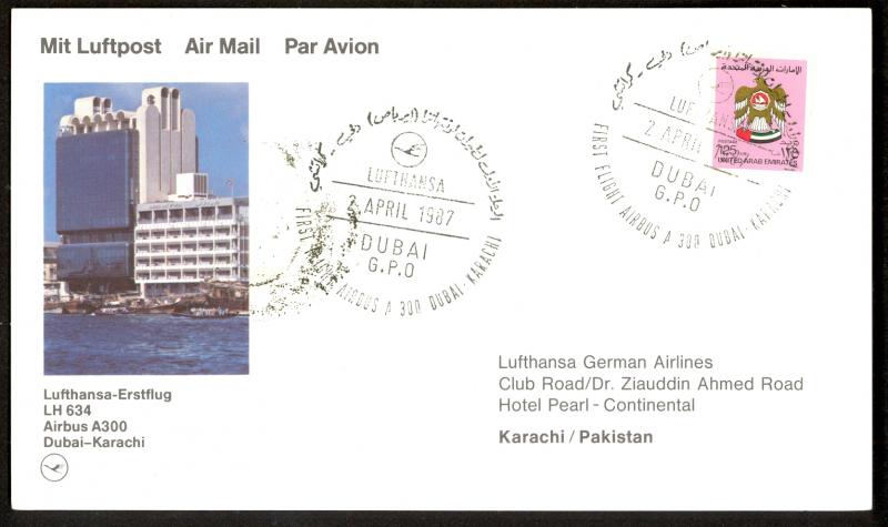 UNITED ARAB EMIRATES 1987 LUFTHANSA First Flight Cover Card Dubai to Pakistan