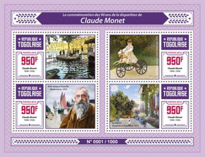 Togo - 2016 Artist Claude Monet - 4 Stamp Sheet - TG16107a