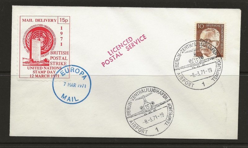 cinderella GB 1971 postal Strike cover Mail Delivery UN Stamp Day-Berlin 