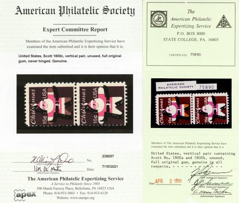 1800c, MNH 15¢ Combination Color Omitted Error Pair With APS Cert- Stuart Katz