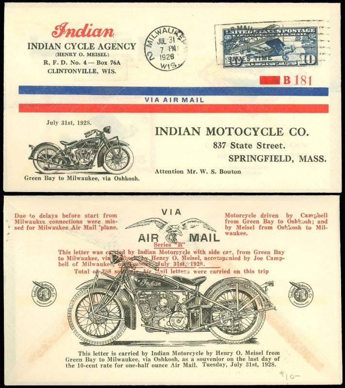 1928 XF, INDIAN CYCLE AGENCY ALLOVER DESIGN, ILLUSTRATED AIRMAIL COVER, SC #C10!