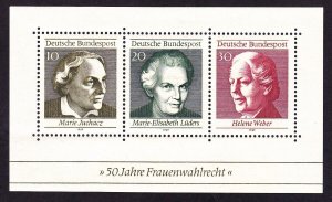 Germany 1007 MNH 1969 50th Anniversary Women's Suffrage Souvenir Sheet of 3