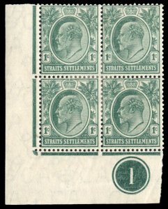 Straits Settlements #129 Cat$100+, 1910 1c blue green, plate number block of ...