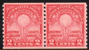 1929 U.S Edison First lamp 2¢ coil pair Perf 10 vertically MLH Sc# 656 $22.50