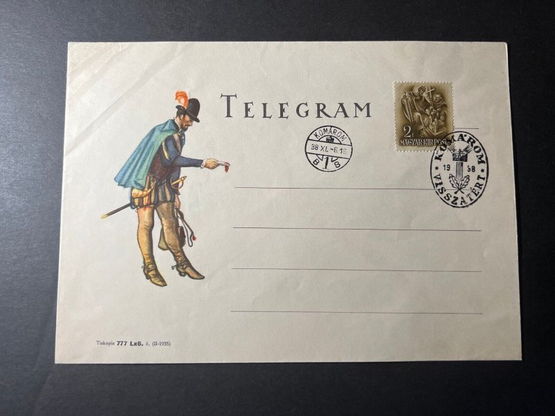 1938 Hungary Telegram Cover Komarom Visszatert Sword Man Handling Letter