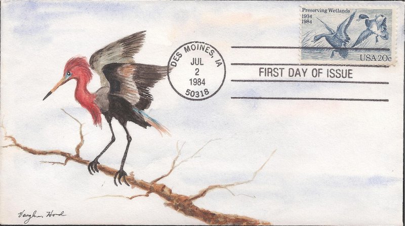 Vaughn Hord Hand Painted FDC for the 1984 20c Preserving Wetlands Stamp