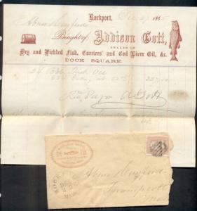 1865 ADDISON GOTT -DRY FISH, COD FISH in red, ROCKPORT, MASS. 3¢ tied, w/encl