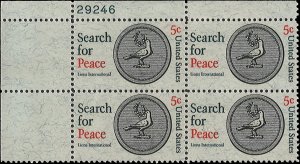 Scott # 1326 1967 5c red, bl & blk  Dove & Laurel ; Granite Paper Plate Block...