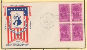 US 854 1939 3c George Washington's Presidential Inauguration bl of 4 FDC on a Holland front side cachet and Central Stam...