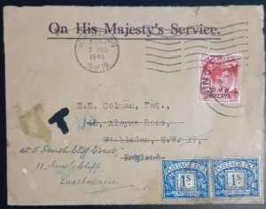 Singapore OHM Official Cover to England 1946. Postage Due 2x 1Sh stamps mixed