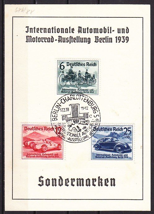 Germany, Scott cat. B134-B136. Berlin Auto & Cycle Expo on a Card. ^