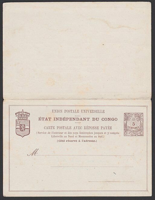 BELGIAN CONGO early 5c+5c postcard with reply card attached unused..........F812