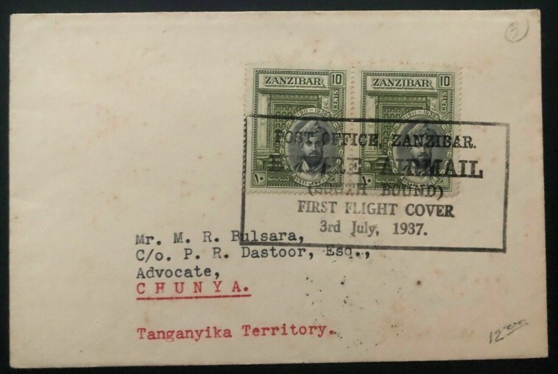 1937 Zanzibar First Flight Cover Airmail FFC To Chunya Tanganyika British KUT