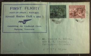 1931 Port Spain Trinidad First Flight Cover FFC To Cartagena Colombia FAM 6