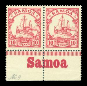 German Colonies - SAMOA 1900 Kaiser's YACHT 10pf  Sc# 59 MNH pair w/bottom INSC