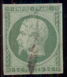 FRANCE #13 5¢ green, Napoleon, imperf, 4 mgns, used, Scott $85.00