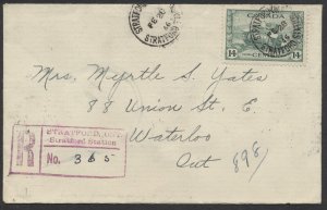 1946 Registered Cover Stratford Station ONT to Waterloo RPO