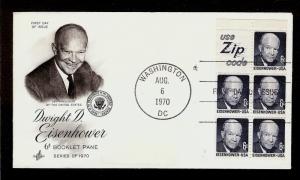 FIRST DAY COVER #1393b Eisenhower 6c Booklet Pane + Label ARTCRAFT U/A FDC 1970