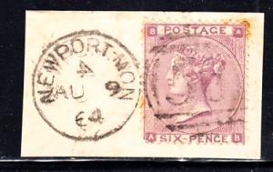 Great Britain used #39d 6p Victoria with hairlines Position AB Cancel 4 reversed