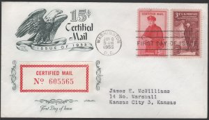 SC#FA-1 15¢ Letter Carrier: Certified Mail FDC: Artmaster (1955) Addressed