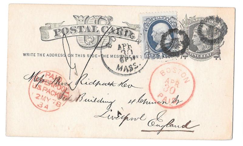 1878 Boston to England Uprated UX5 Fancy Cancel Red Liverpool US Packet PAID