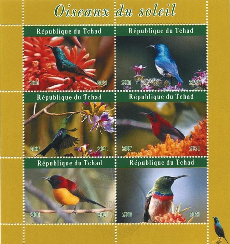 Chad 2021 CTO Birds on Stamps Sunbirds Sunbird 6v M/S II