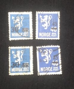 D)1940, NORWAY, STAMPS, NATIONAL COAT OF ARMS, LION, OVERPRINT, USED