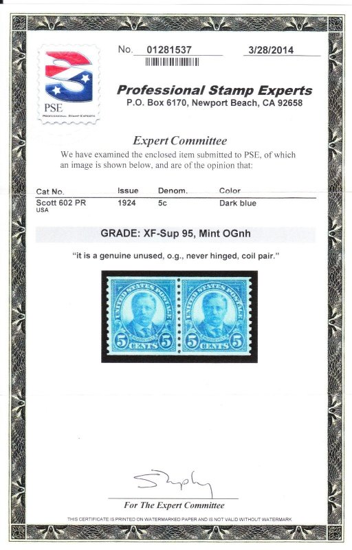 MOstamps - US #602 Mint OG NH PR Grade 95 with PSE Cert - Lot # MO-5867 SMQ $115