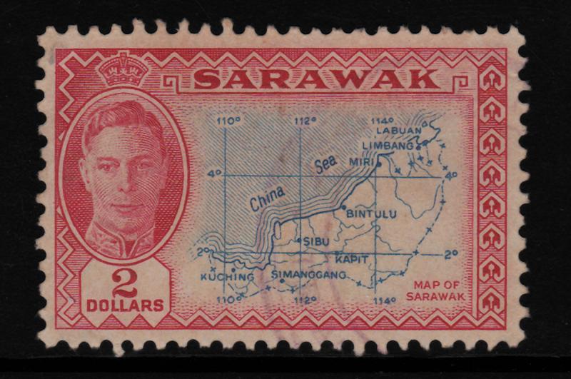 Sarawak 1950 Sc#193 Sir Charles Brooke $2 Map of Sarawak High CV F-VF Used