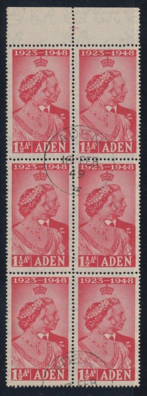 Aden, CW S6a, used block of six Flaw on 4 variety