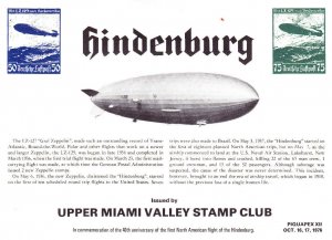 PIQUAPEX XII Souvenir Card Zeppelin Hindenburg #1287 Upper Miami Valley 1976