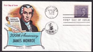 1958 James Monroe 3c Sc 1105 FDC Montrose VA with Fluegel cachet (WZ