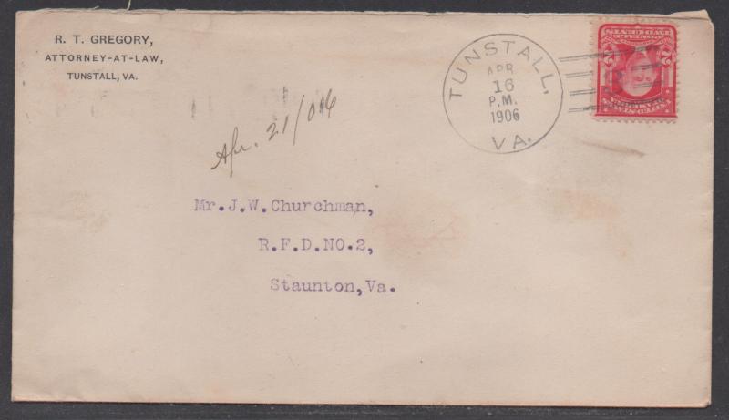 **US 20th Century Advertising Cover, Scott #319, Turnstall, VA,  4/16/1906, RFD2