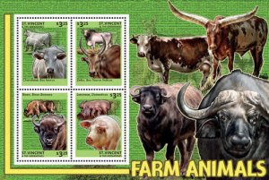 St. Vincent 2014 - Farm Animals, Cows, Pigs - Sheet of 4 Stamps - MNH