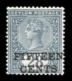 Ceylon #154 Cat$20, 1891 15c on 28c slate, hinge remnant