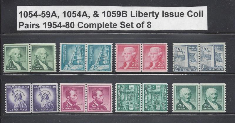 US Scott #1054-1059A, 1054b, & 1059A / Regular Liberty Issue Coil Pairs MNH 